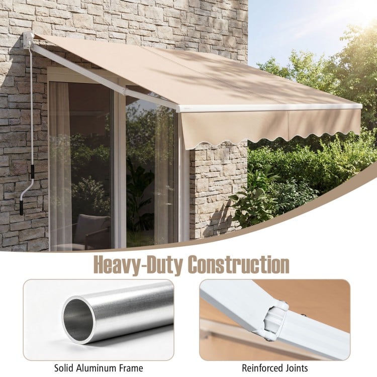 Retractable 8FT × 6.5FT beige patio sun awning with solid aluminum frame and adjustable angle for effective shade.