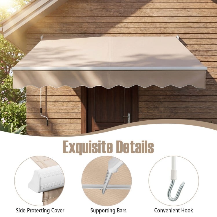 Retractable 8FT × 6.5FT aluminum patio sun awning in beige with adjustable angle for effective sun protection.