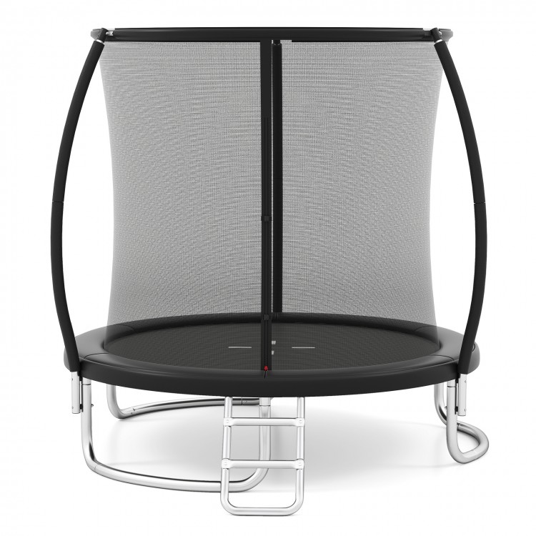 Curved net poles and sturdy ladder of the 8FT outdoor trampoline in black, designed for safety and stability.