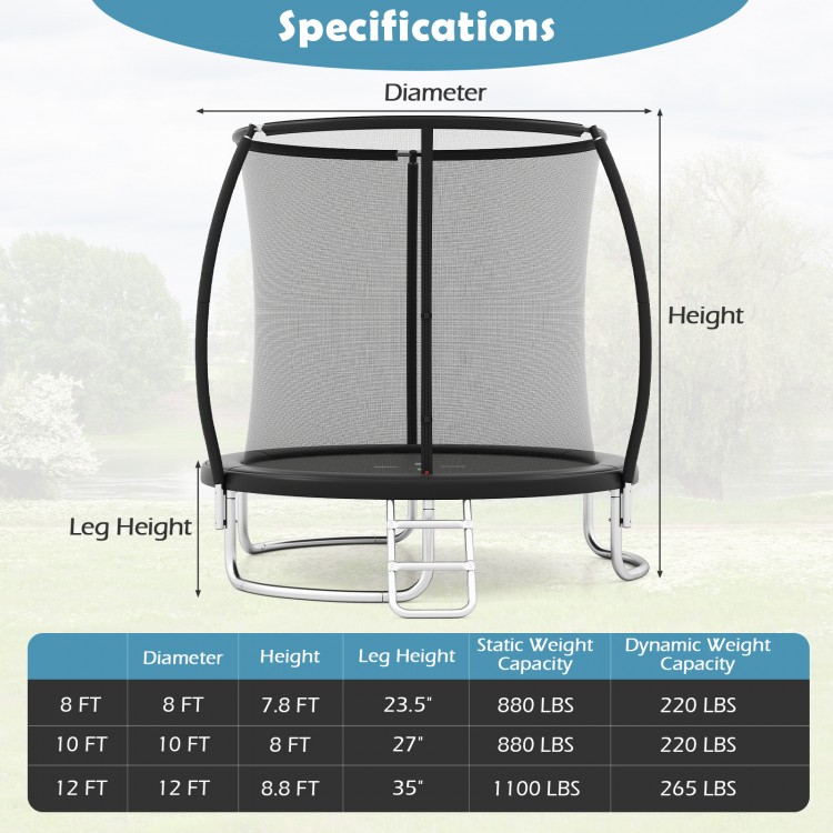 8FT outdoor trampoline with curved net poles, safety pad, and galvanized steel frame for stable bouncing fun.