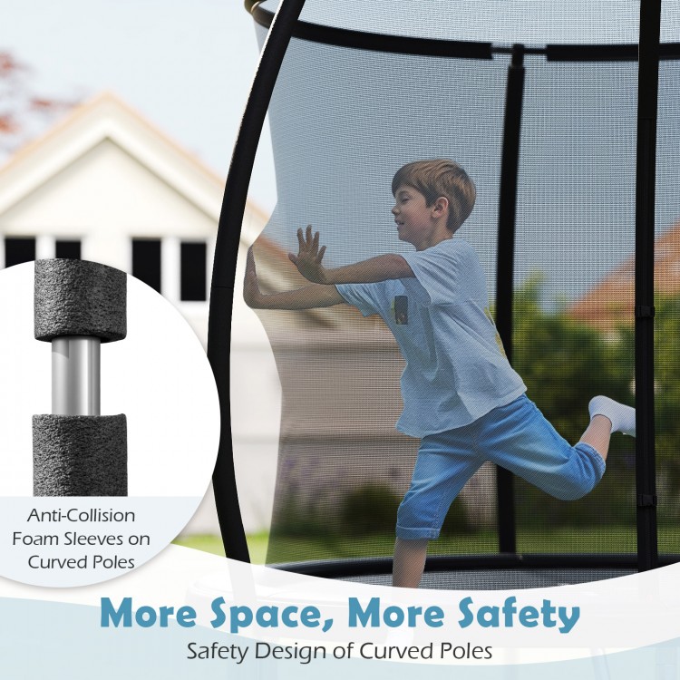 Child bouncing on the 8FT outdoor trampoline with safety net and curved poles, featuring anti-collision foam sleeves.