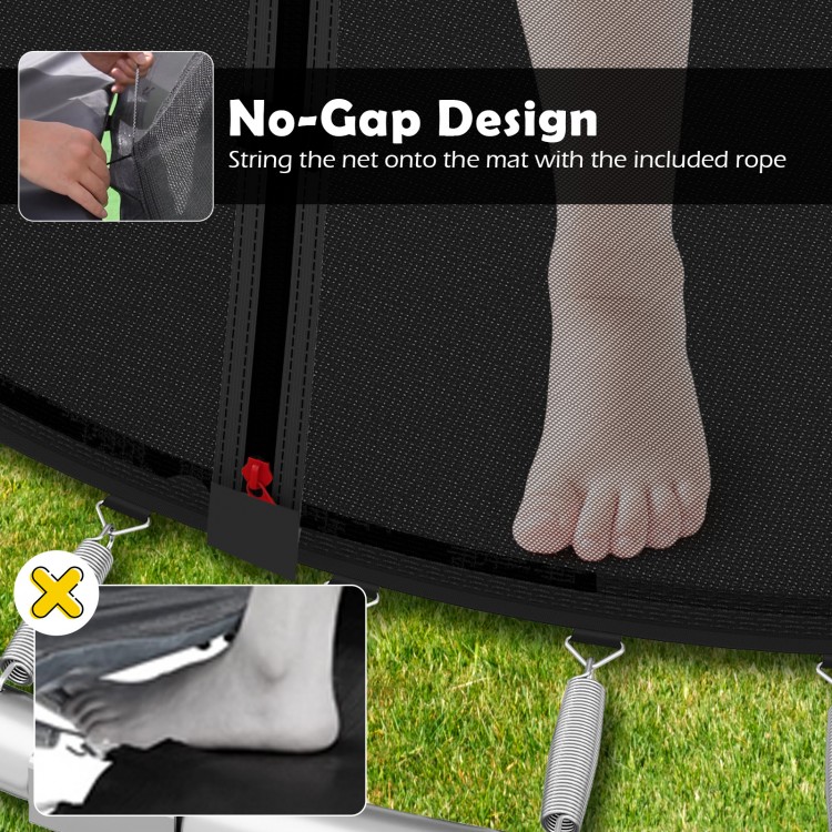 Close-up of trampoline net attachment showing no-gap design with included rope for enhanced safety and stability.