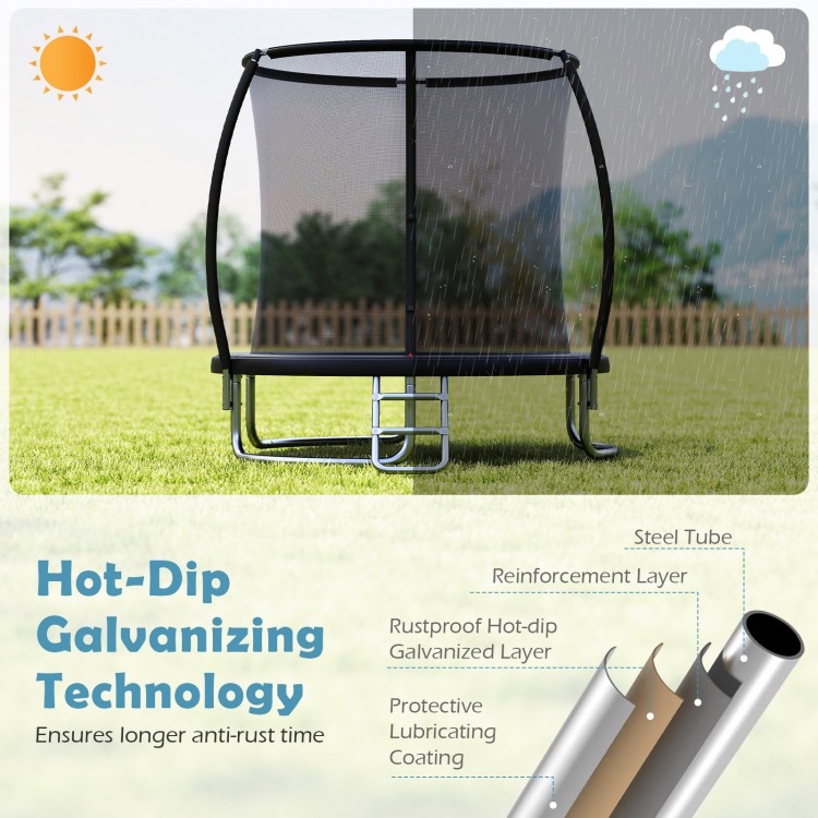 8FT outdoor heavy-duty trampoline with galvanized steel frame, curved net poles, and anti-collision foam sleeves for.