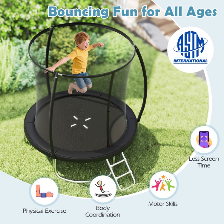 8FT outdoor trampoline with safety enclosure, curved net poles, and sturdy ladder for fun and exercise for all ages.