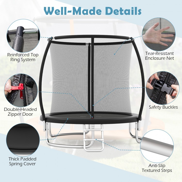 Close-up of the 8FT outdoor trampoline's reinforced top ring and safety enclosure net, designed for stability and.