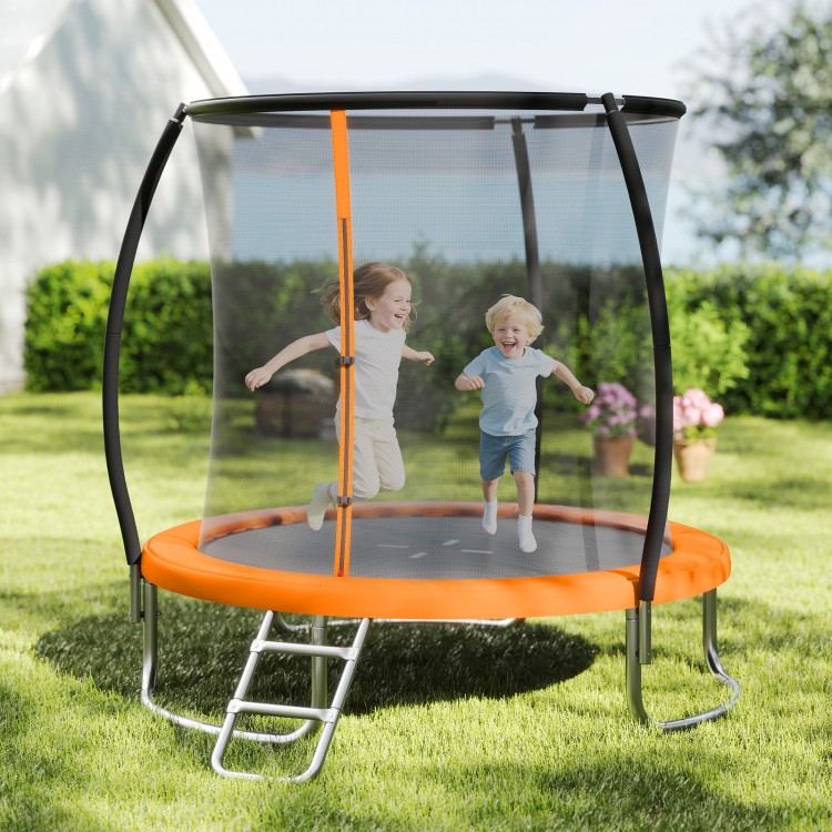 Children joyfully jumping on the 8FT outdoor trampoline with an orange safety pad and enclosure net in a grassy yard.