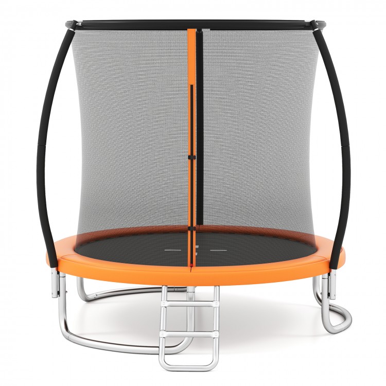 8FT outdoor trampoline with orange accents, curved safety net, and sturdy ladder for safe recreational bouncing fun.