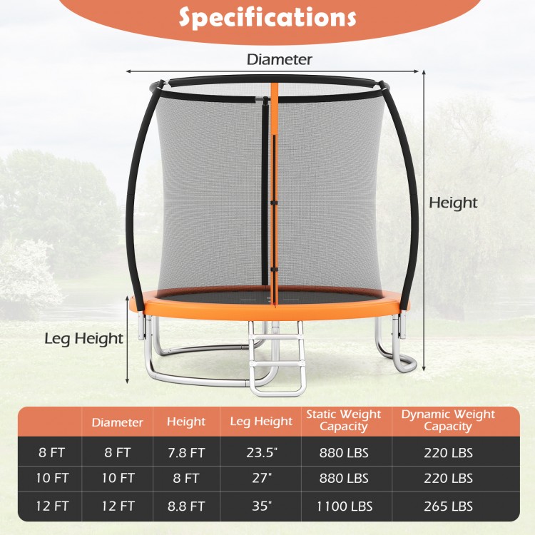 8FT outdoor trampoline with curved net poles, safety enclosure, and galvanized steel frame for stable bouncing fun.