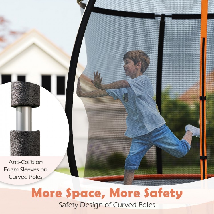 Child bouncing on the 8FT outdoor trampoline with safety net and curved poles, designed for fun and stability.