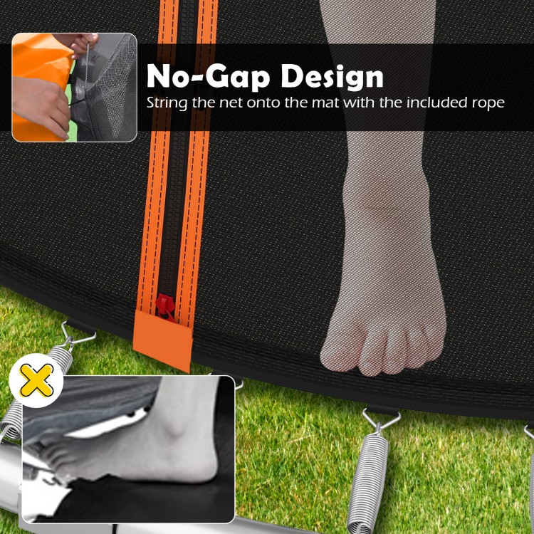 Close-up of the 8FT outdoor trampoline's no-gap design, featuring a safety net strung onto the mat for secure bouncing.