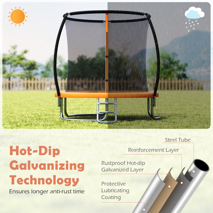 8FT outdoor heavy-duty trampoline with galvanized steel frame and curved net poles for enhanced safety and stability.