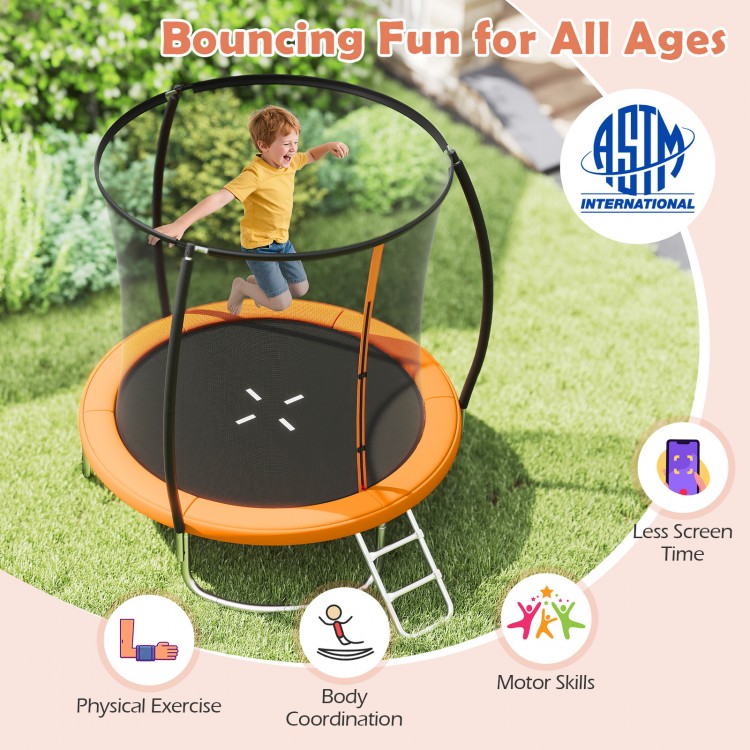 8FT outdoor trampoline in orange with safety net, ladder, and curved poles for stable bouncing fun for all ages.