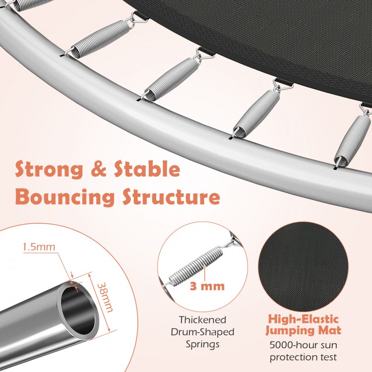 Detail of the 8FT outdoor trampoline's strong bouncing structure with galvanized steel frame and high-elastic jumping.