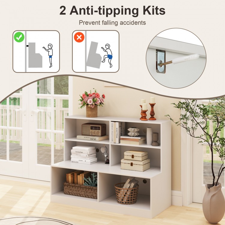 Entryway shoe cabinet in white with 4-cube storage, 2 anti-tipping kits, and a spacious seat for shoe organization.