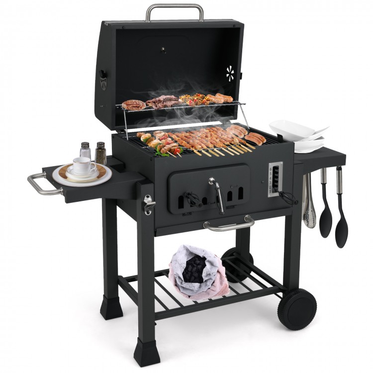 24-inch charcoal grill with 544 sq.in cooking area, 2 folding side tables, and adjustable air vents for outdoor cooking.