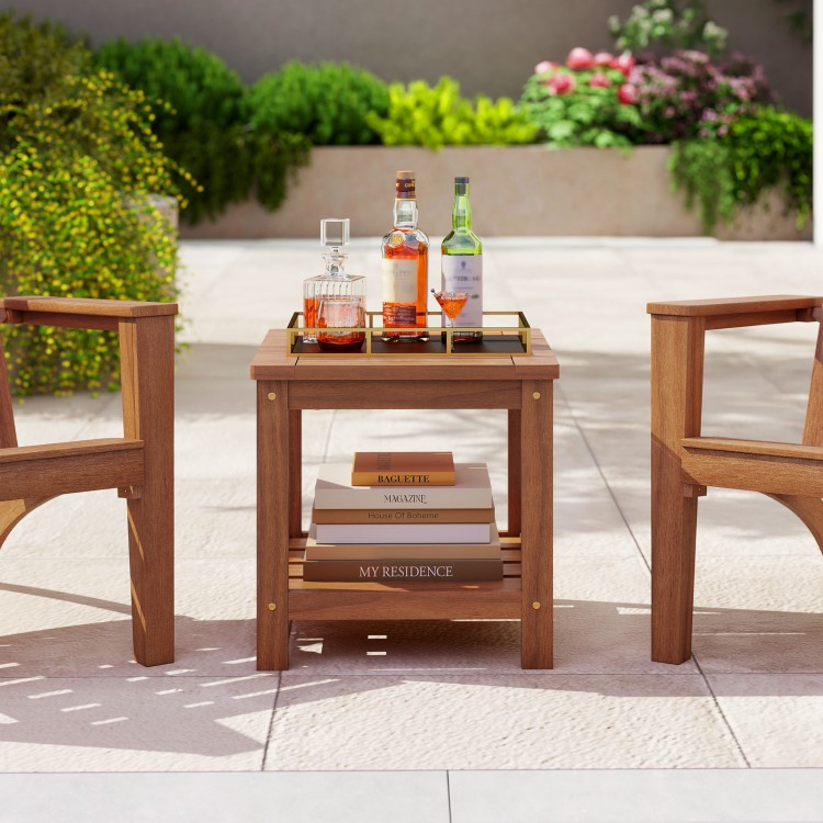 2-tier outdoor side table crafted from solid wood with a smooth surface, ideal for patio storage and decoration.