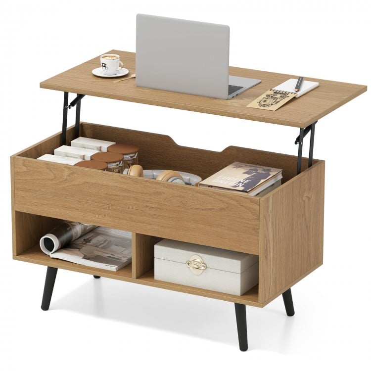 Lift-top coffee table in natural finish with hidden storage and open shelves, ideal for versatile home use.