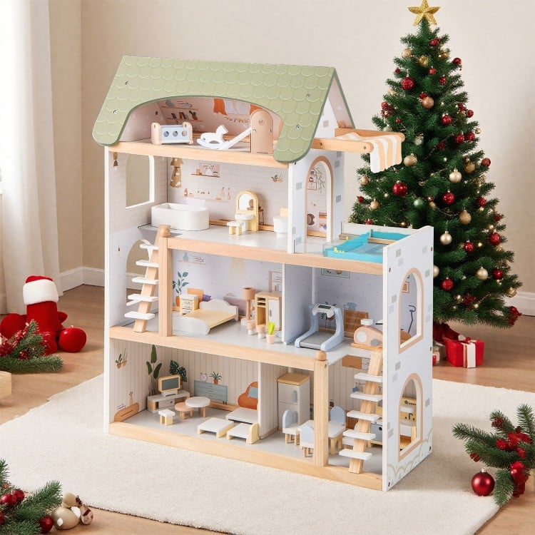 Wooden dollhouse with green roof, 33 furniture pieces, and movable stairs for interactive pretend play.