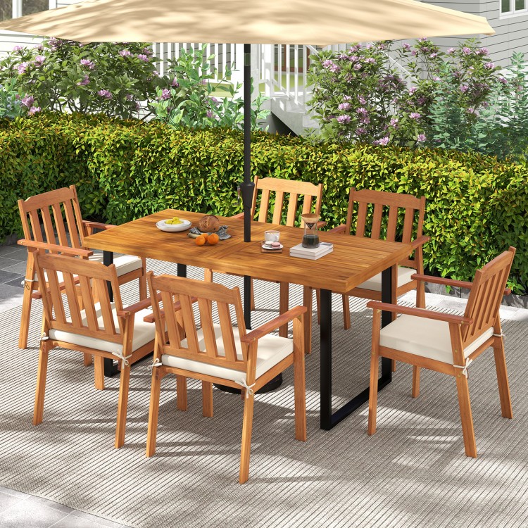 Acacia wood dining table for 6 with slatted top, sturdy metal frame, and umbrella hole, perfect for outdoor dining.