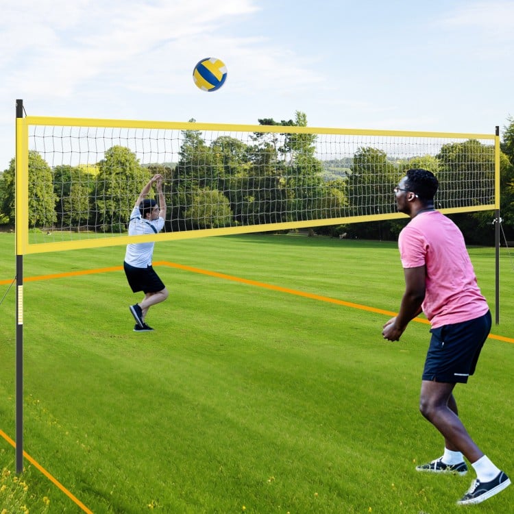Portable outdoor volleyball net set in yellow, featuring adjustable poles and a robust net for easy setup and play.