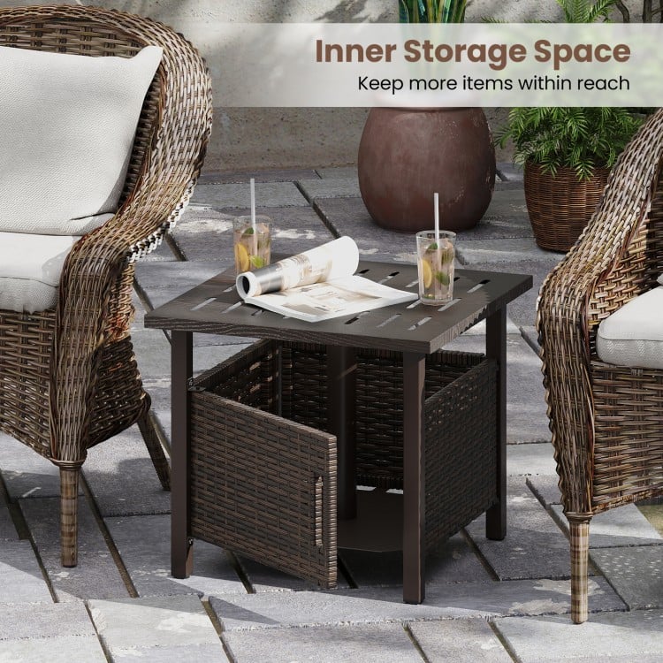 Square outdoor side table in brown PE wicker with inner storage space, featuring a 1.93" umbrella hole for patio use.