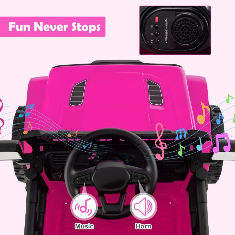 Top view of the pink 12V kids ride-on truck featuring a steering wheel, music, and horn buttons for fun driving.