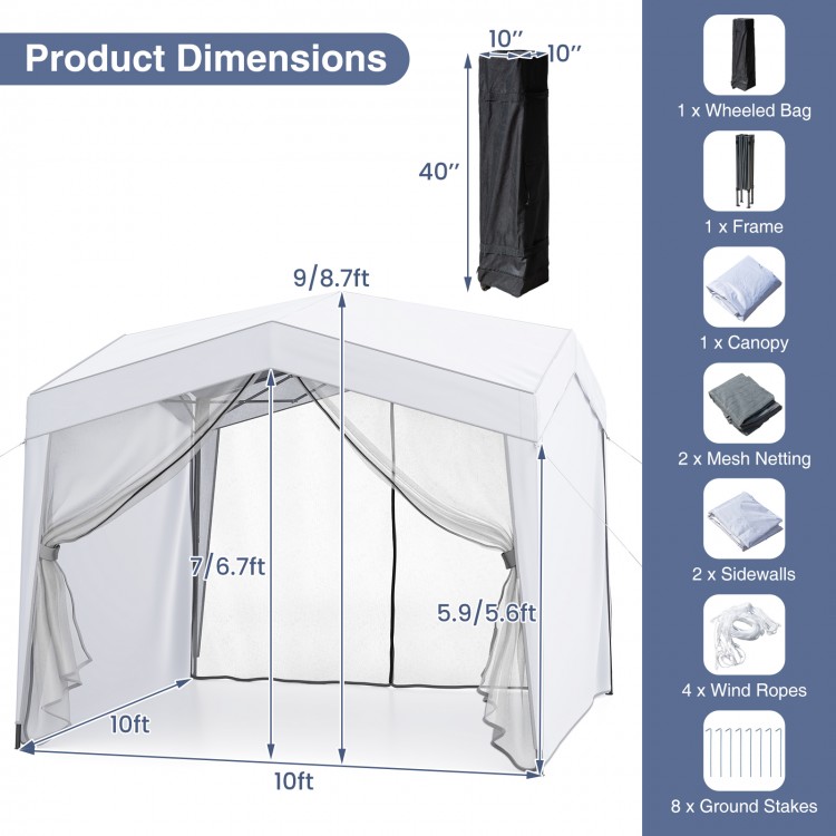 Pop up canopy tent with 4 sidewalls and mesh netting, featuring a wheeled bag for easy transport and UPF50+ sun.