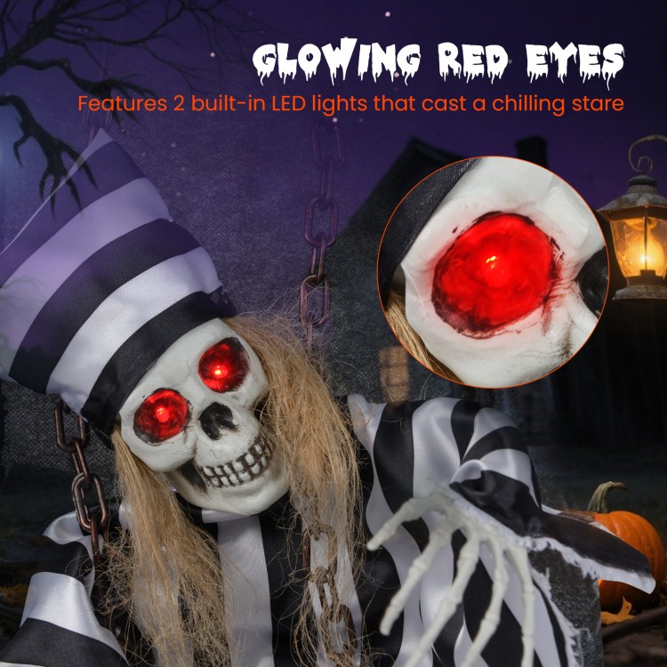 Hanging 18-inch animated skull prisoner with glowing red eyes and creepy sound effects, perfect for Halloween decor.