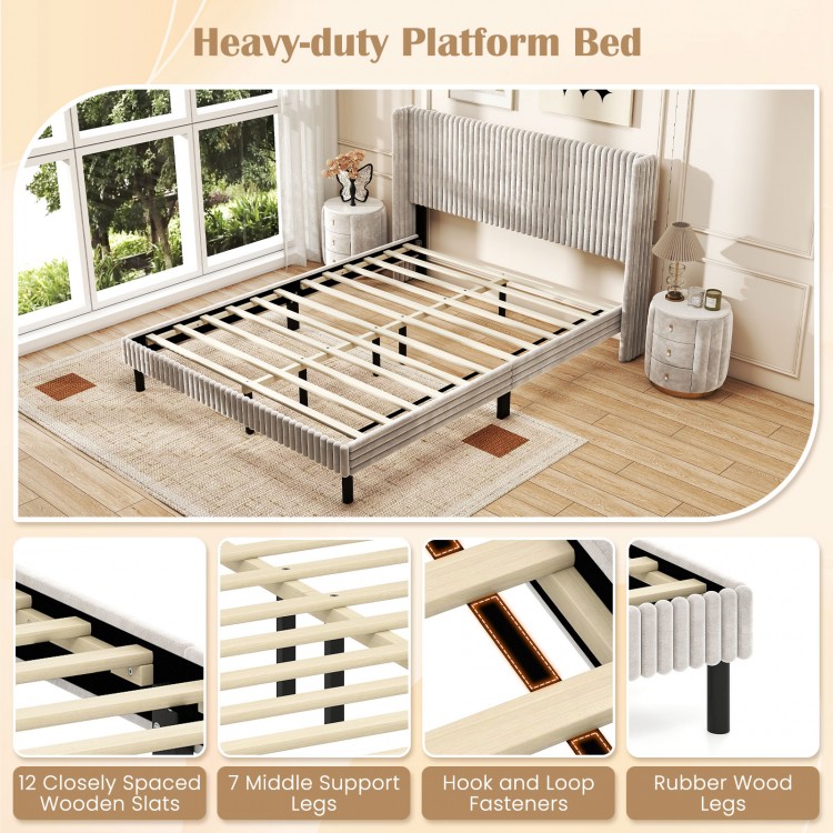 Queen size velvet bed frame with tufted wingback headboard, featuring sturdy rubber wood legs and ample under-bed.