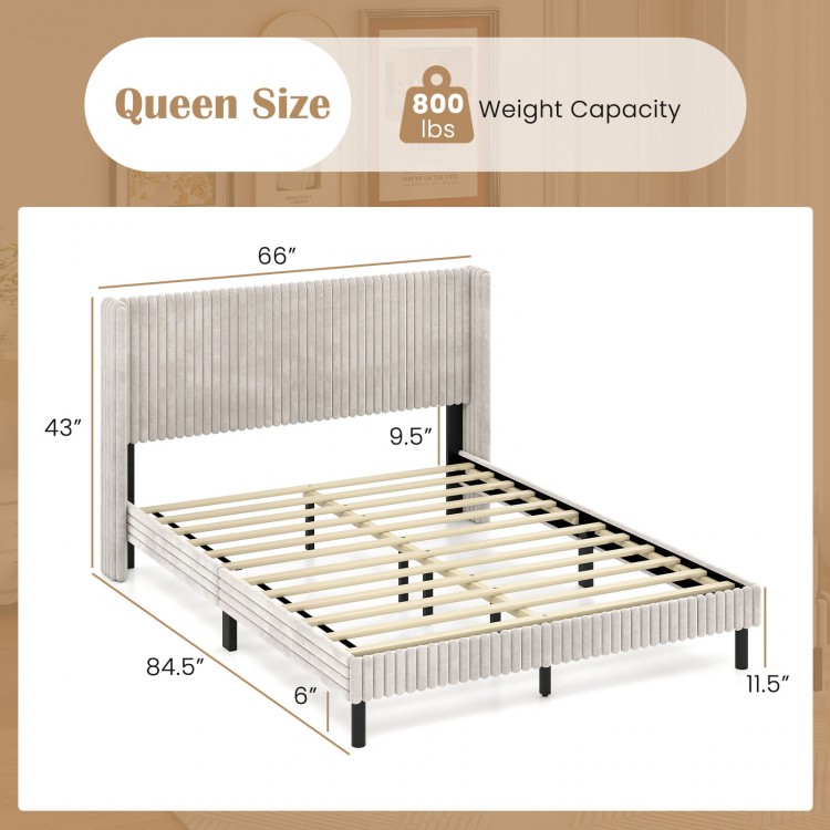 Queen size velvet bed frame with vertical channel tufted headboard in white, featuring sturdy rubber wood legs and.