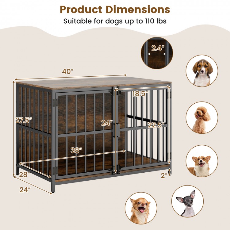 40-inch dog crate furniture with dual lockable doors, rustic brown finish, suitable for dogs up to 110 lbs.