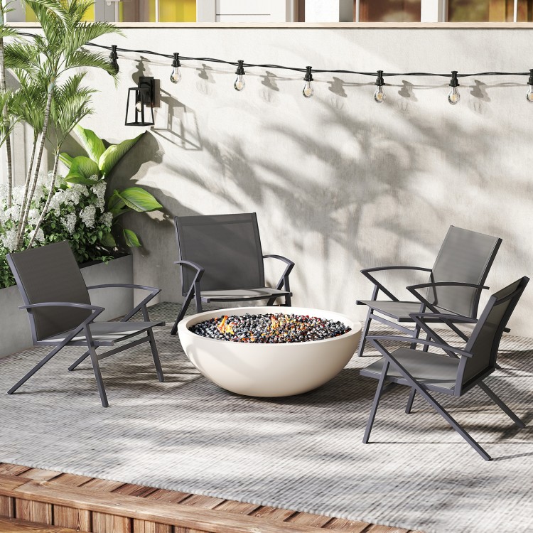 Set of 2 grey patio chairs with heavy-duty metal frames, featuring contoured backrests for outdoor comfort.