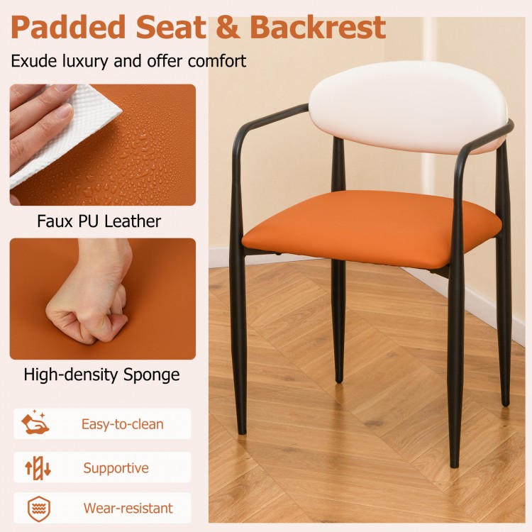 Modern dining chair with padded seat in orange faux PU leather, featuring a curved backrest and sturdy metal frame.