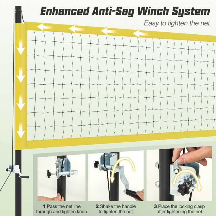 Portable outdoor volleyball net set featuring an enhanced anti-sag winch system for easy net tightening.