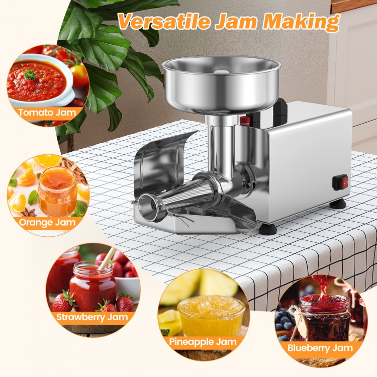Electric tomato strainer with stainless steel design, ideal for making various jams like strawberry and pineapple.