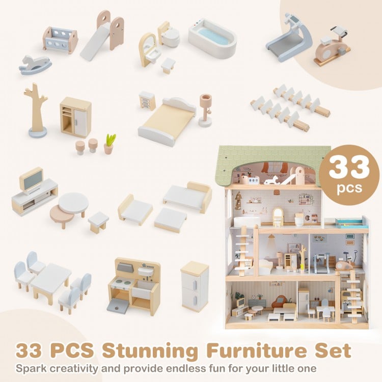 Wooden dollhouse with 33 PCS furniture accessories, featuring movable stairs and a robust design for safe, interactive.