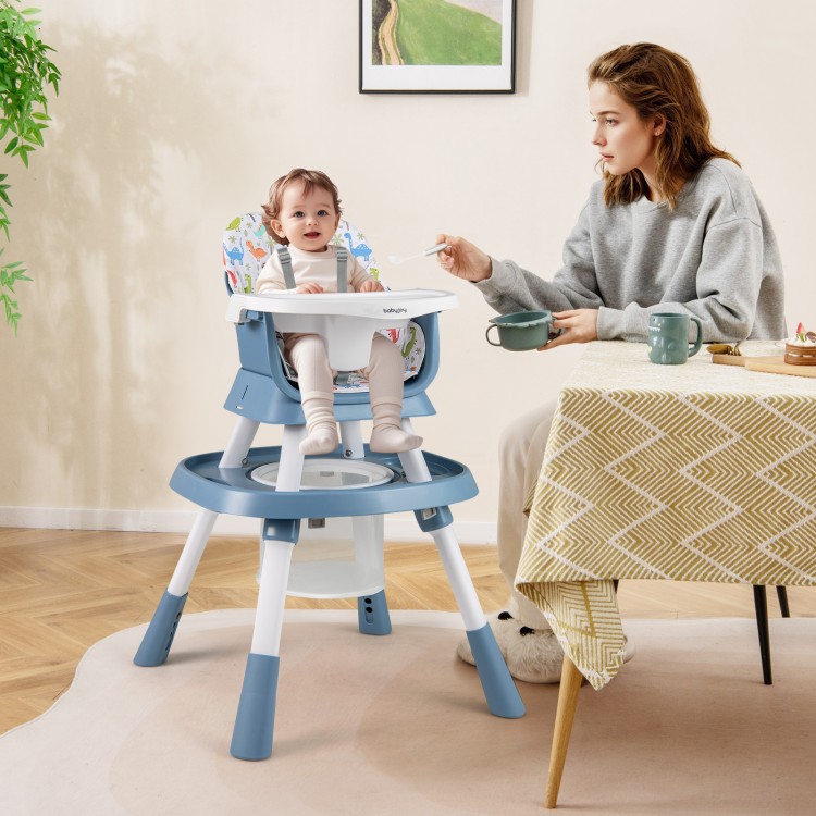 Baby high chair in celadon with adjustable height, activity center, and 5-point harness for safe feeding and play.