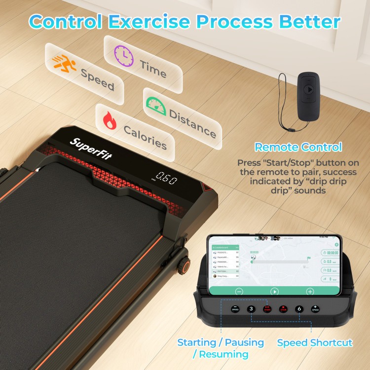 Folding treadmill with LED display showing speed and distance, featuring remote control and ultra-thin design for home.