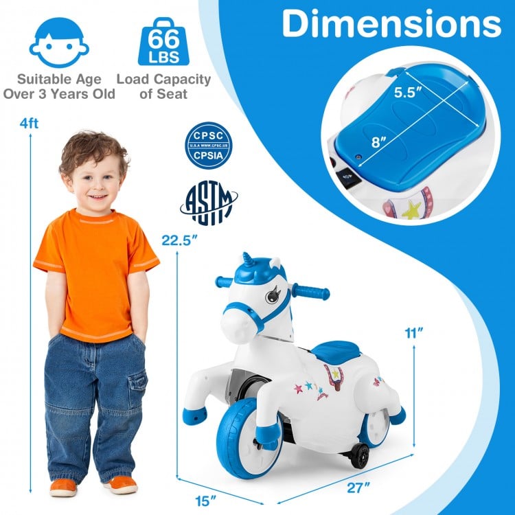 Unicorn ride-on toy with training wheels, featuring a spacious seat and LED power display for kids over 3 years old.
