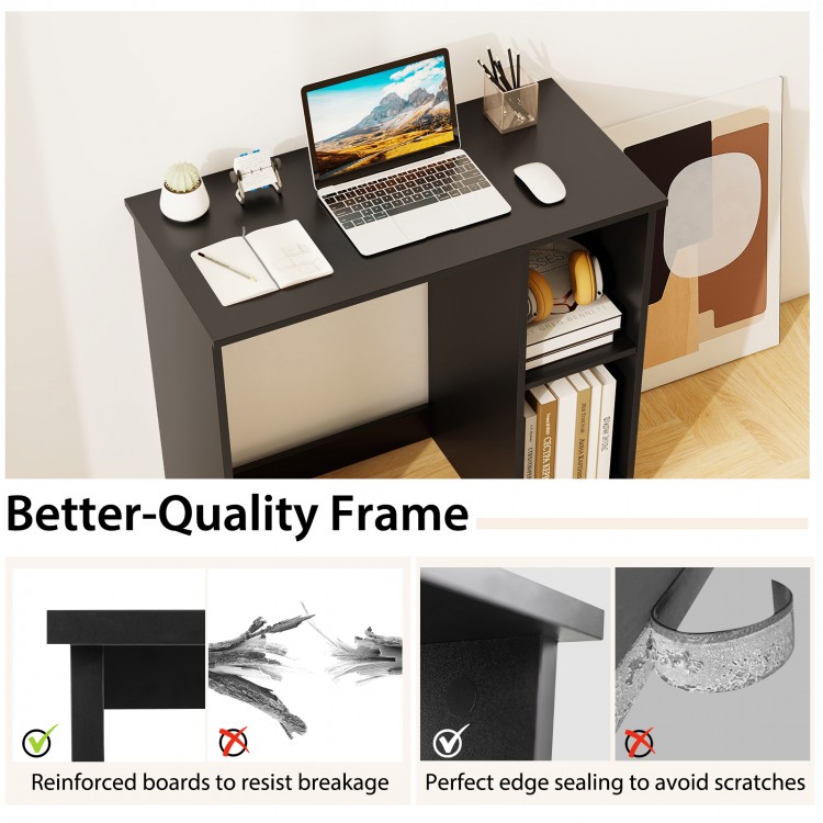Modern black home office desk with 2 compartments, reinforced boards, and edge sealing for scratch prevention.