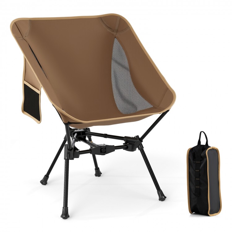 Portable camping chair in coffee color with mesh fabric, featuring a compact carrying bag for easy transport.