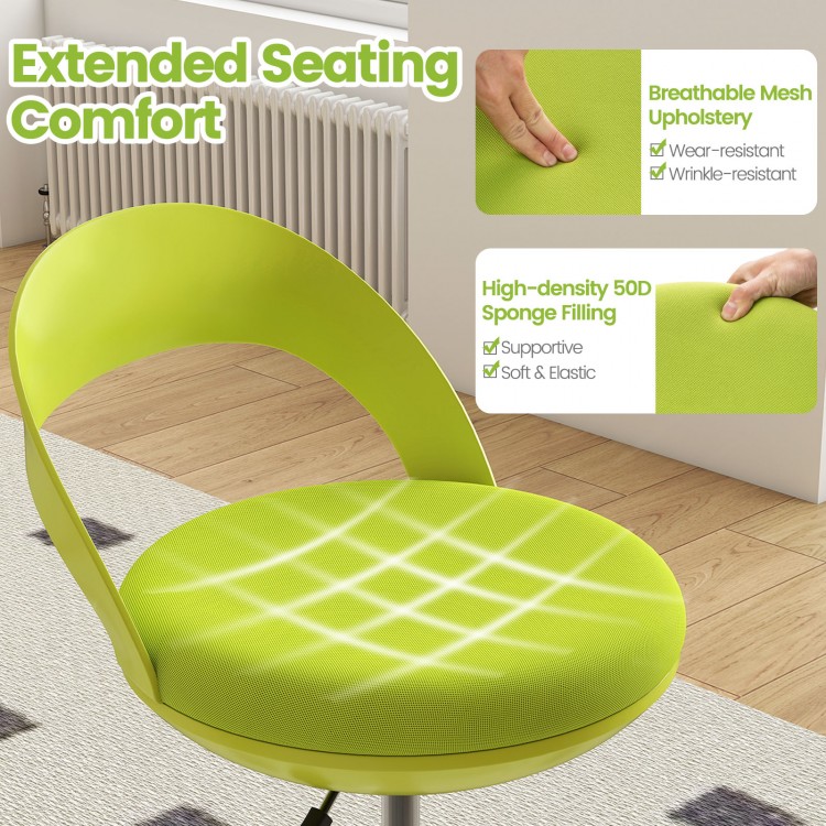 Curved green drafting stool with breathable mesh upholstery and soft 50D sponge filling, ideal for long hours at desks.