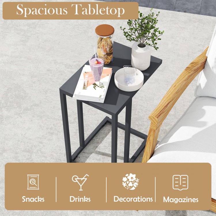 C-shaped side table in dark gray with spacious tabletop for snacks and drinks, perfect for living room or bedroom use.