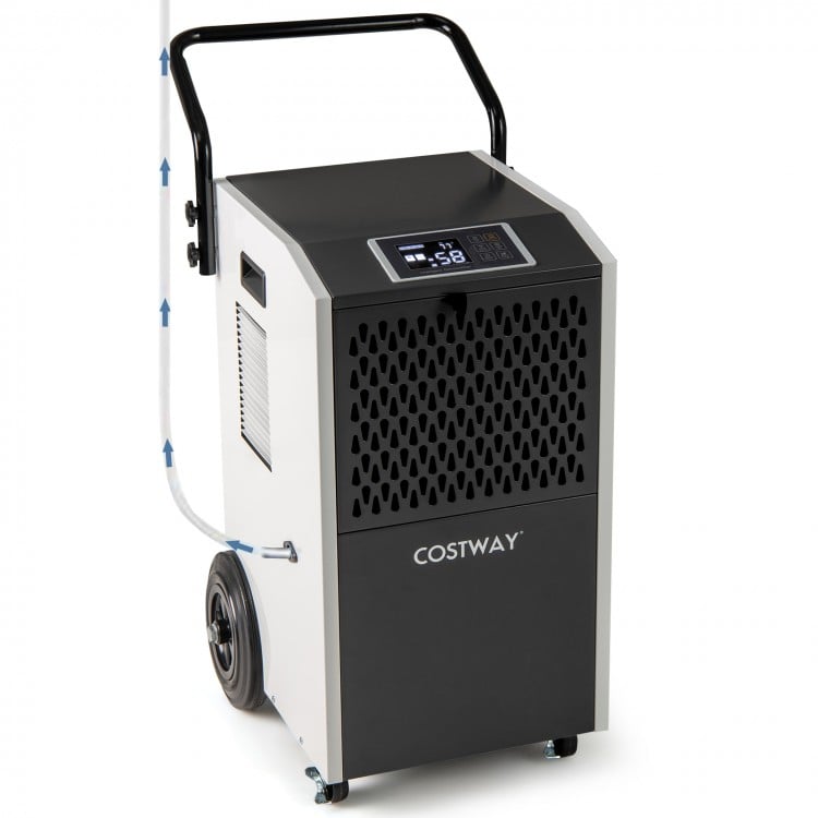 Commercial dehumidifier with pump, 265 CFM airflow, suitable for 7000 sq.ft, ideal for basements and garages.