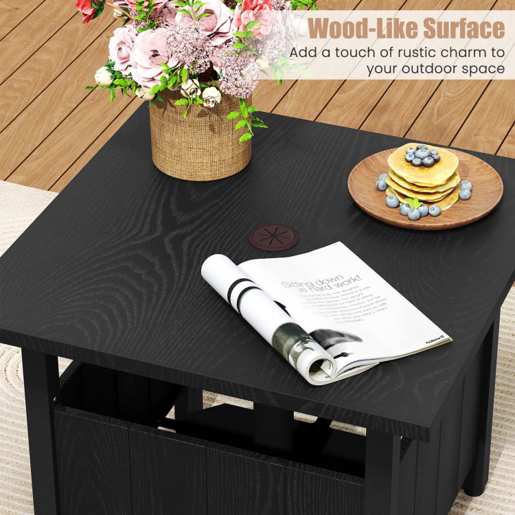 Black outdoor side table featuring a wood-like surface, 1.89" umbrella hole, ideal for patio or garden use.