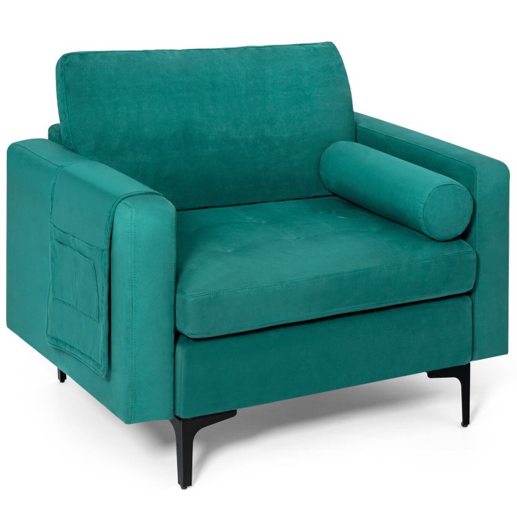 Teal modern accent chair with removable back pillow, armrest storage pockets, and solid metal legs for stylish comfort.