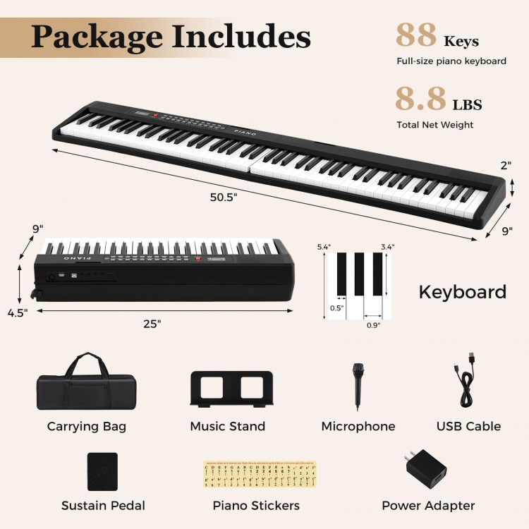 88-key foldable piano keyboard in black, featuring semi-weighted keys, portable design, and included accessories for.