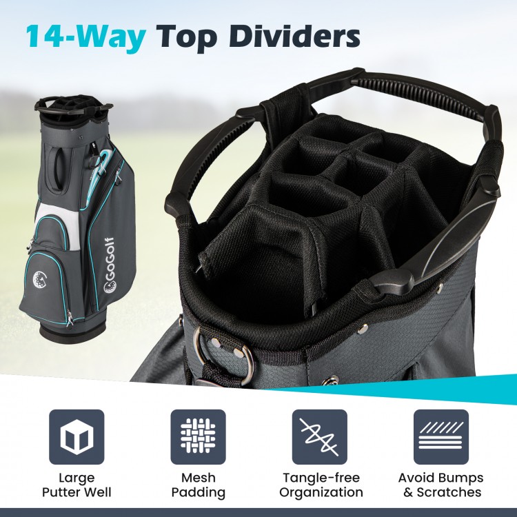 14-way top dividers in a gray golf cart bag for organized club storage and protection, featuring a lightweight design.