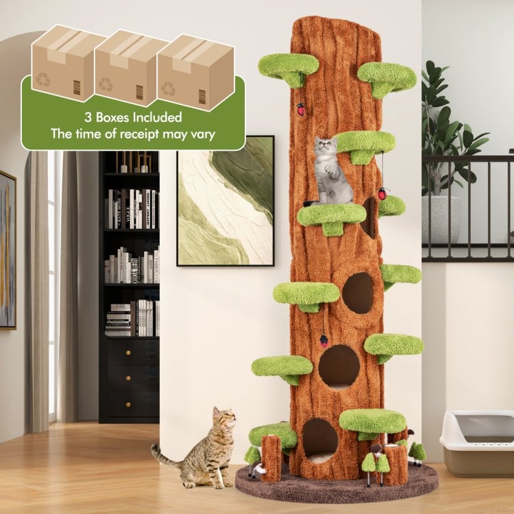 Multifunctional 90.5-inch tall cat tree in brown with private condos, scratching panels, and plush cushions for indoor.
