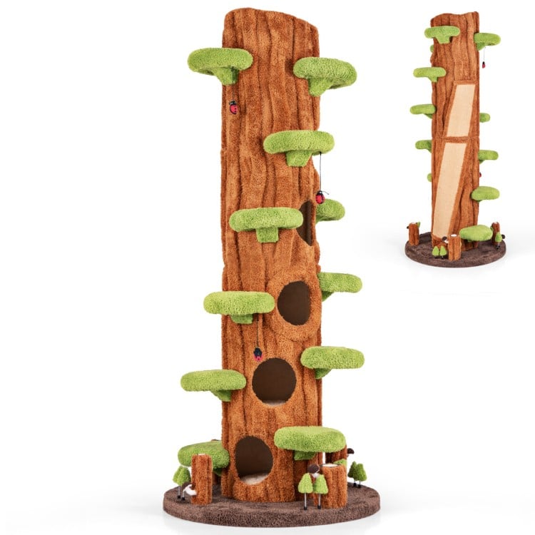 Tall brown cat tree with private condos, sisal scratching panel, and multiple platforms for indoor feline play.